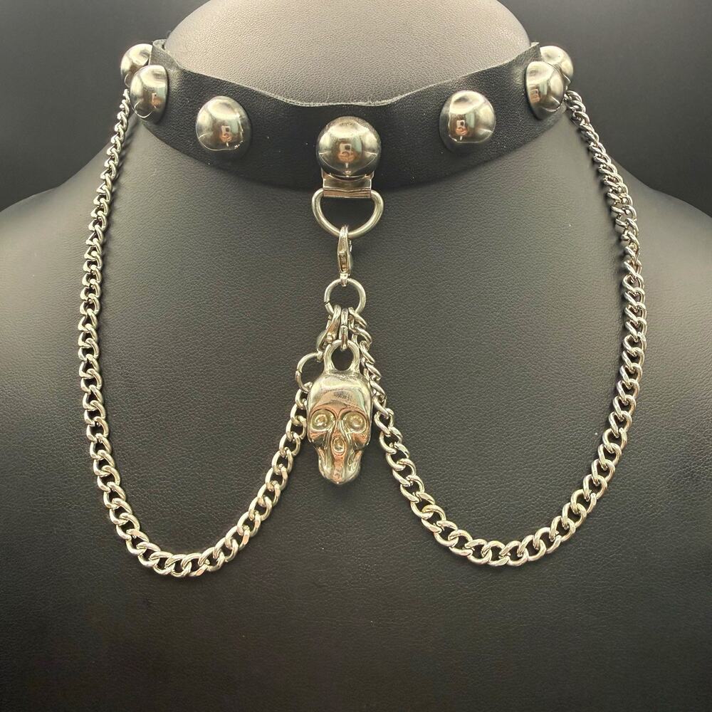 Punk Gothic Black Studded Choker Halloween Memento Mori Skull Collar 16”